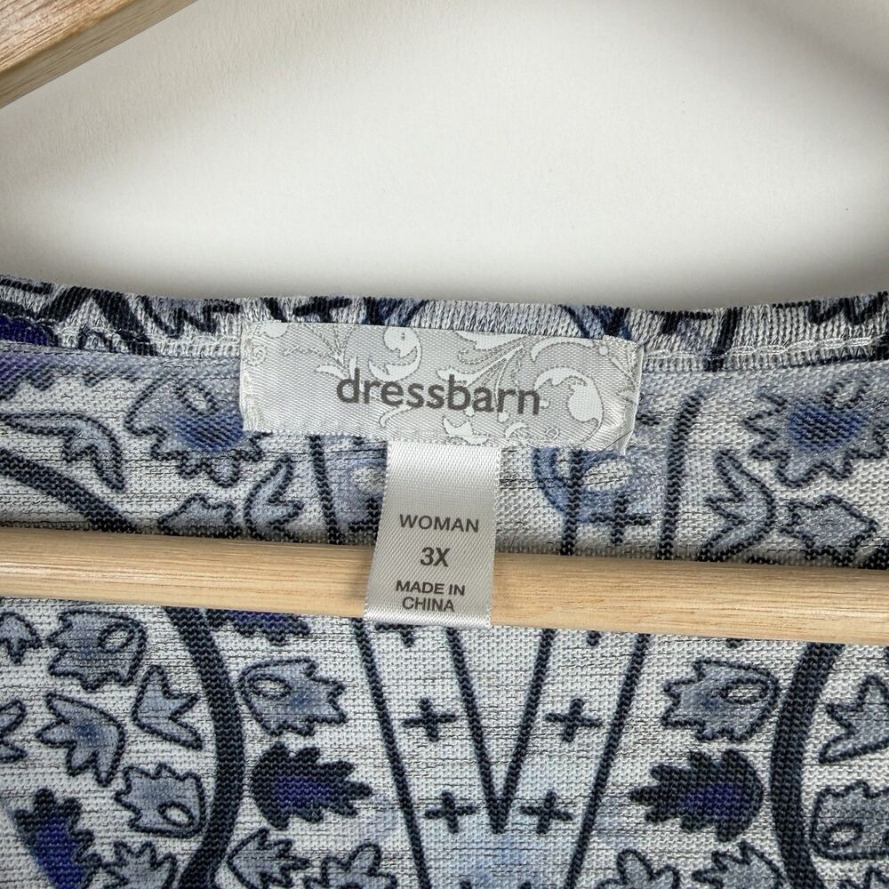 Dressbarn Womens Tunic Blouse 3X Plus Gray Blue Floral Studded V Neck Boho Artsy - Picture 2 of 11